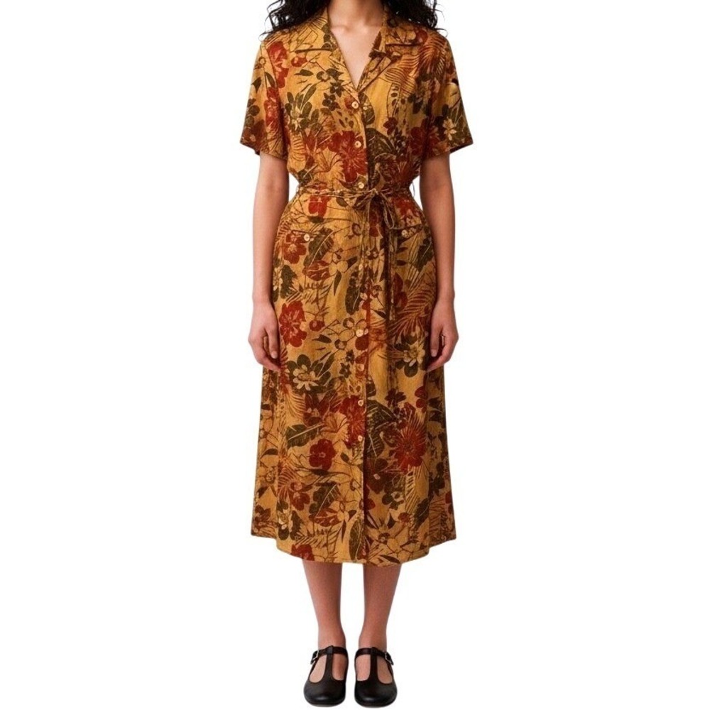 Positive Attitude Floral Linen Blend Button Front Midi Dress 10 Yellow Tropical